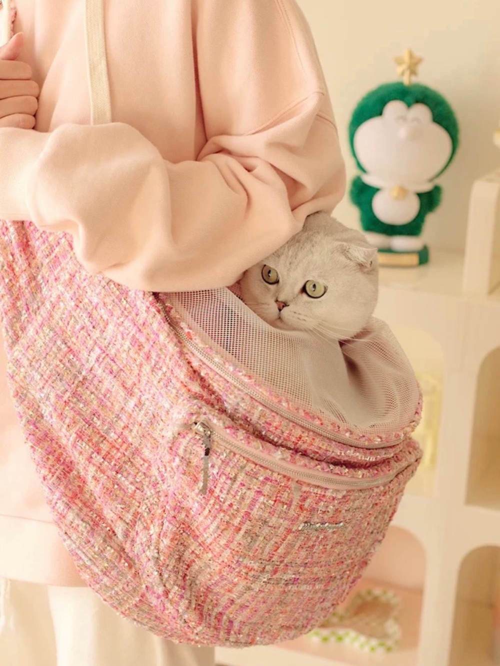 White Tweed Pet Carrier Sling Bag - Soft Mesh Top